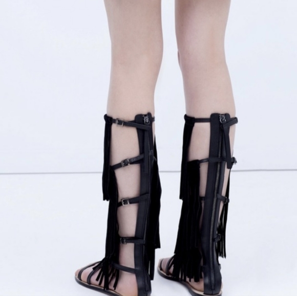 Zara Suede Leather Tall Fringe Gladiator Sandals 6 - Picture 6 of 6